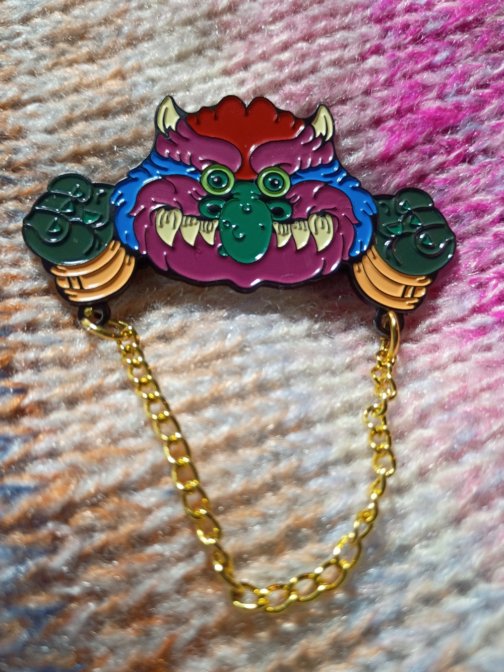 My Pet Monster 80s Cartoon Metal Lapel Pin Gold Chain Punk Horror VHS Vintage